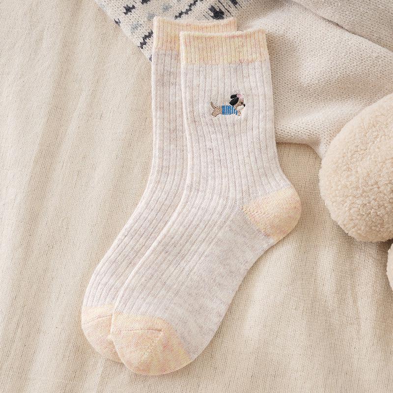 Autumn/Winter Korean Style Cartoon Embroidered Mid-Calf Plush Socks - Melaude Series