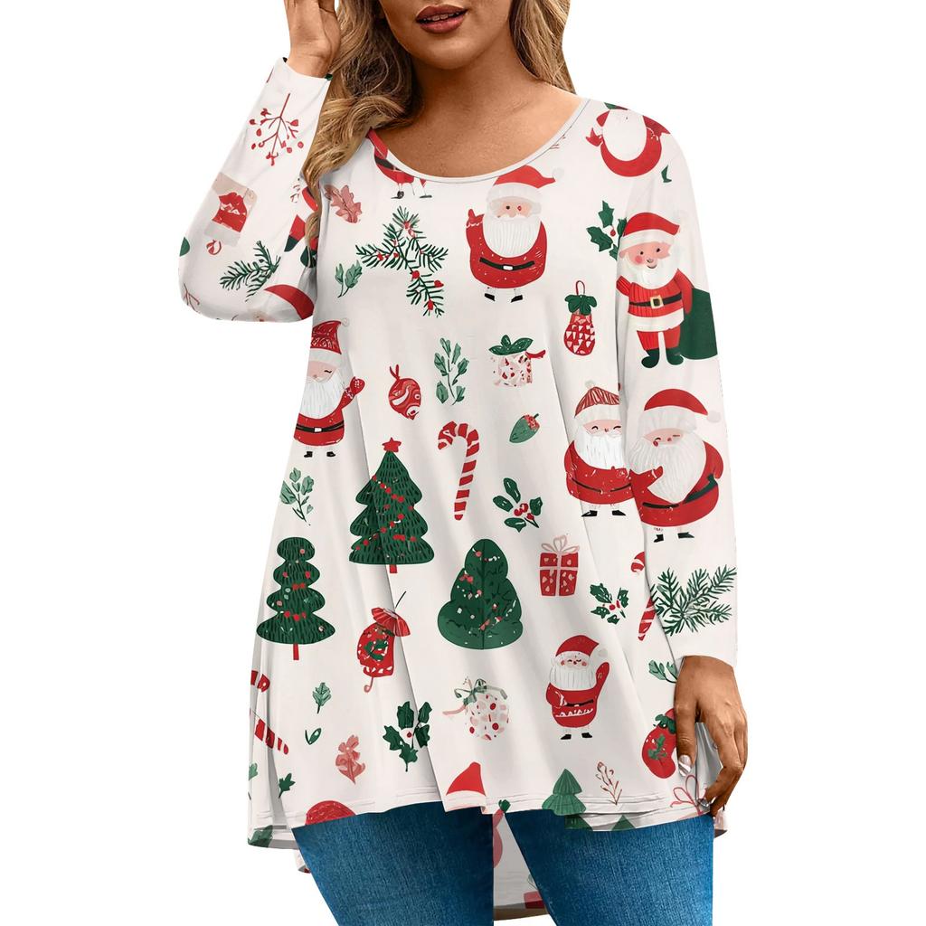 Women's Fashion Large Size Round Neck Long Sleeve Casual Christmas Print Loose Pullover Top