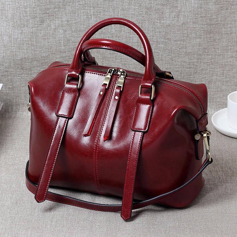 

100% Genuine Leather Women Large Handbag Bag Shoulder Ladies Luxury Design Crossbody Bag Commuter Shopping Tote Bag For Women вина червоного кольору