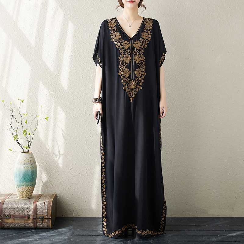 Női Plus Size Laza Hímzett Hosszú Ruhák Nyári V-nyakú Vintage Strand Bohém Ünnepi Ruha