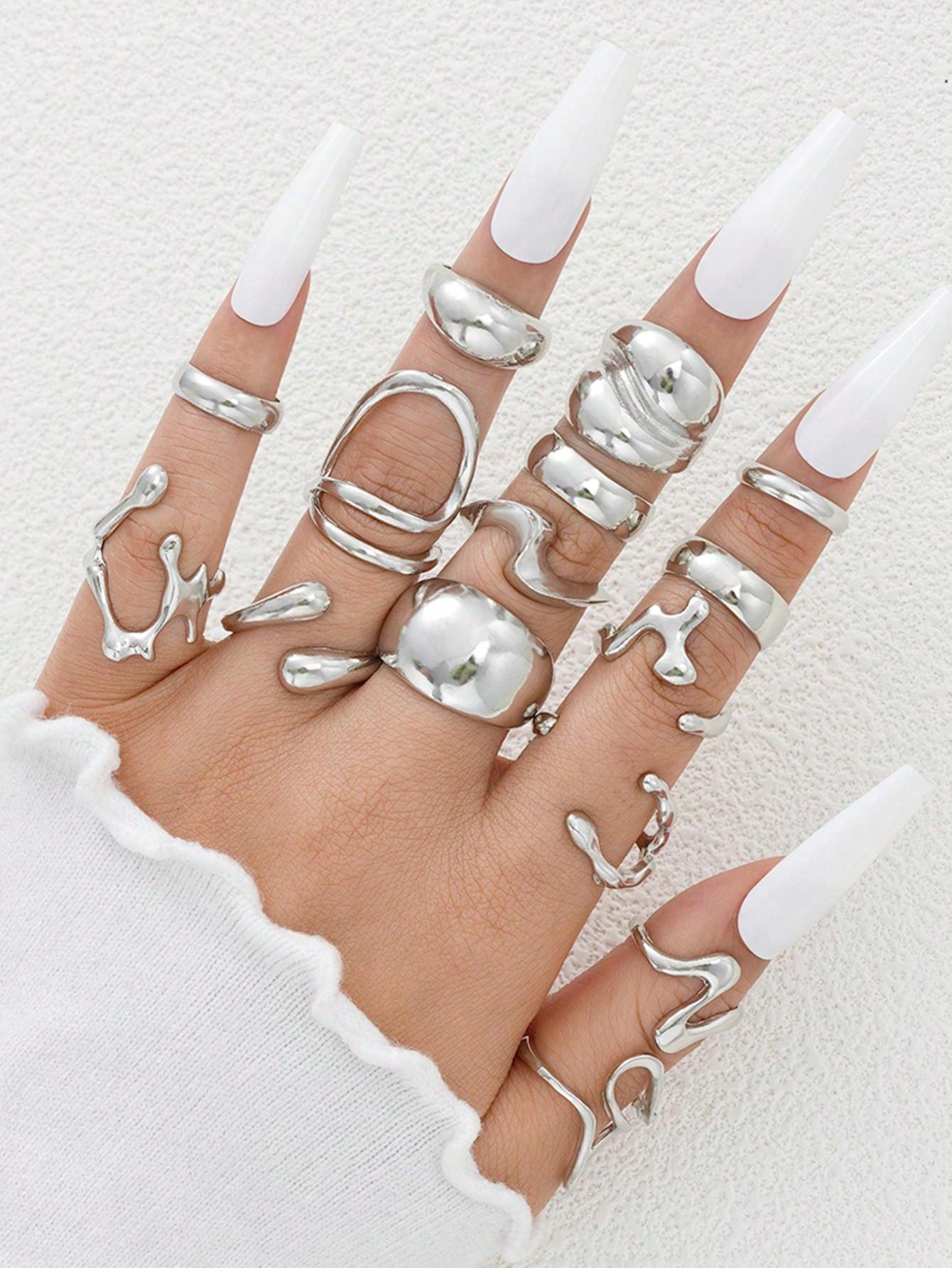 

13/14/15 Pcs Exaggerated Fluid Design Rings Set For Women Vintage Asymmetrical Finger Ring Daily Wear Casual Date Birthday Gifts