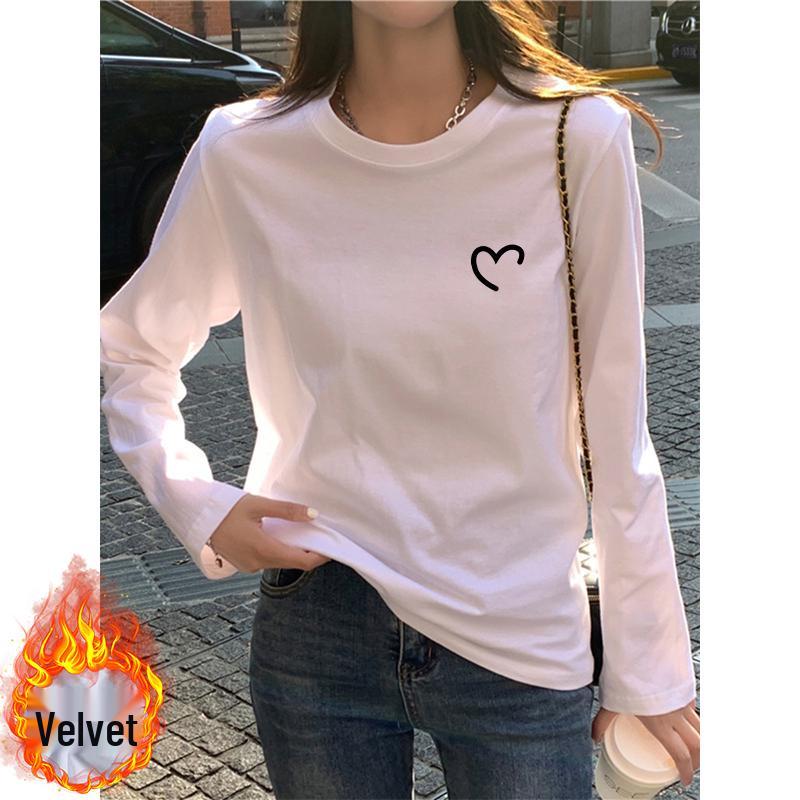 Women's 2025 White Fleece-Lined Cotton Long Sleeve T-Shirt – Loose Fit Inner Wear for Spring