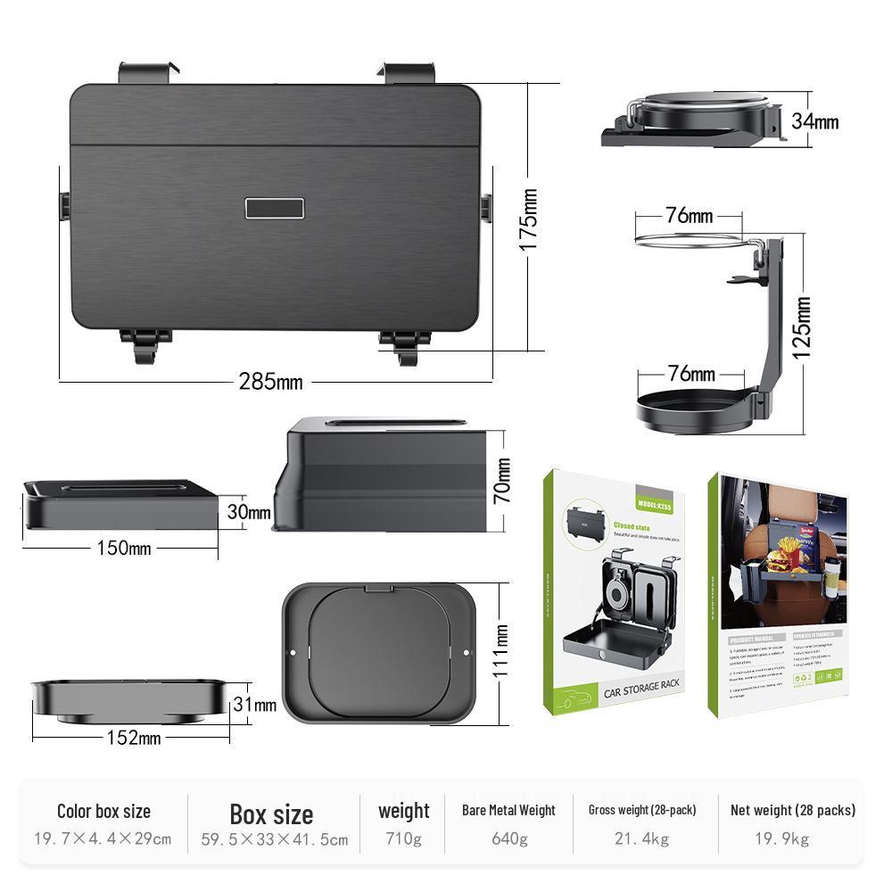 Univerzální organizér na zadní sedadlo auta s multifunkčním skládacím stolečkem, držákem na nápoje a boxem na kapesníky