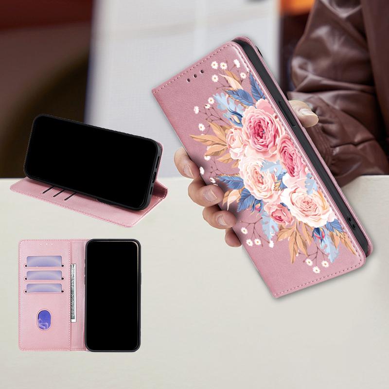 Flower Pattern Magnetic Leather Flip Wallet Case for iPhone 17 Pro Max 16 15 14 13 12 11 Pro Max 16 Plus Air Card Slots Holster
