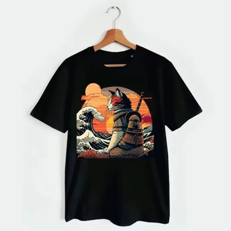 UnisexS UnisexS Retro Samurai Cat TShirt Unisexs Unisexs Tees Top The Great Wave Off Kanagawa Hokusai