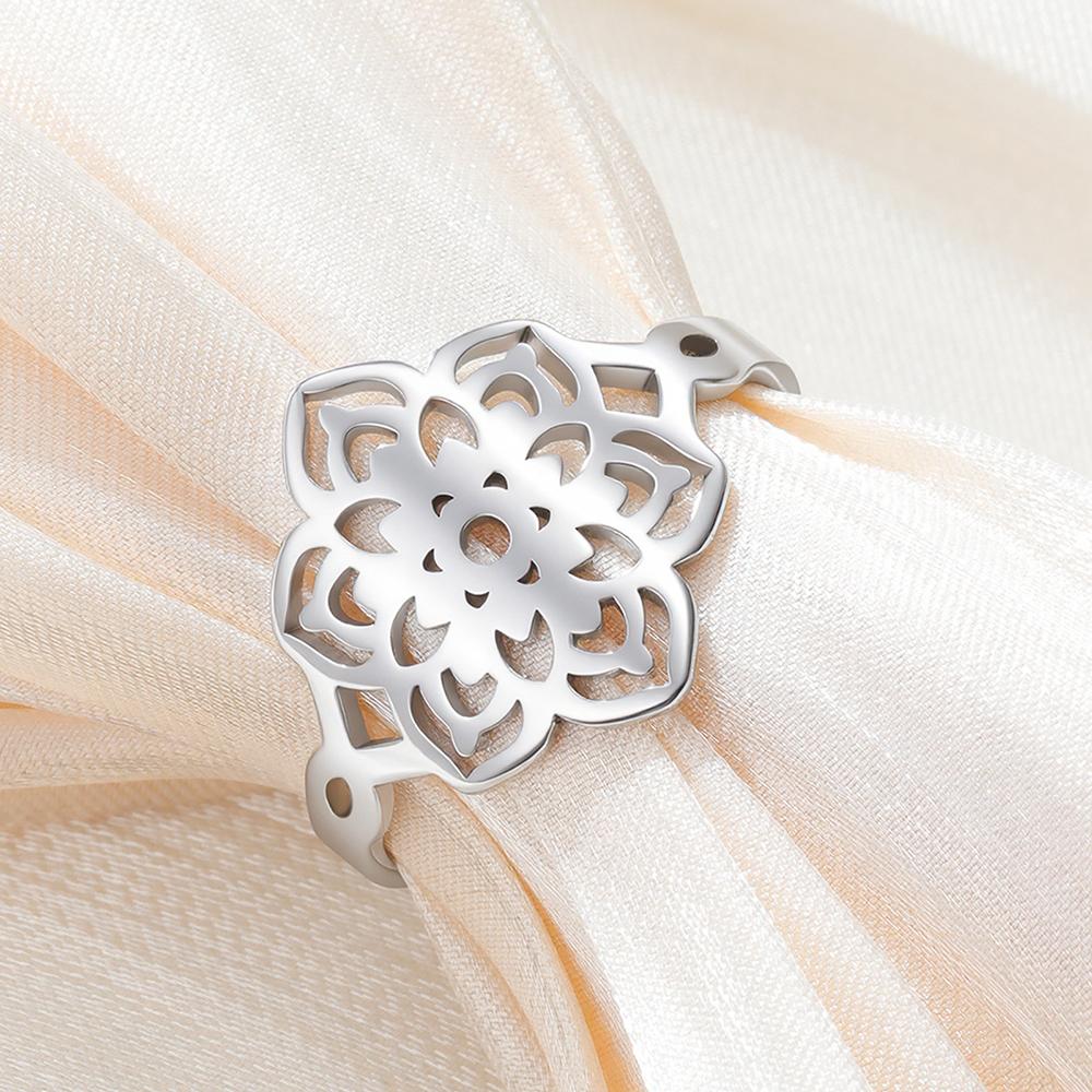 Dawapara Sacred Geometry Mandala Ring Lotus Flower Adjustable Women Ring Stainless Steel Buddhist Yoga Jewelry Spiritual Gift