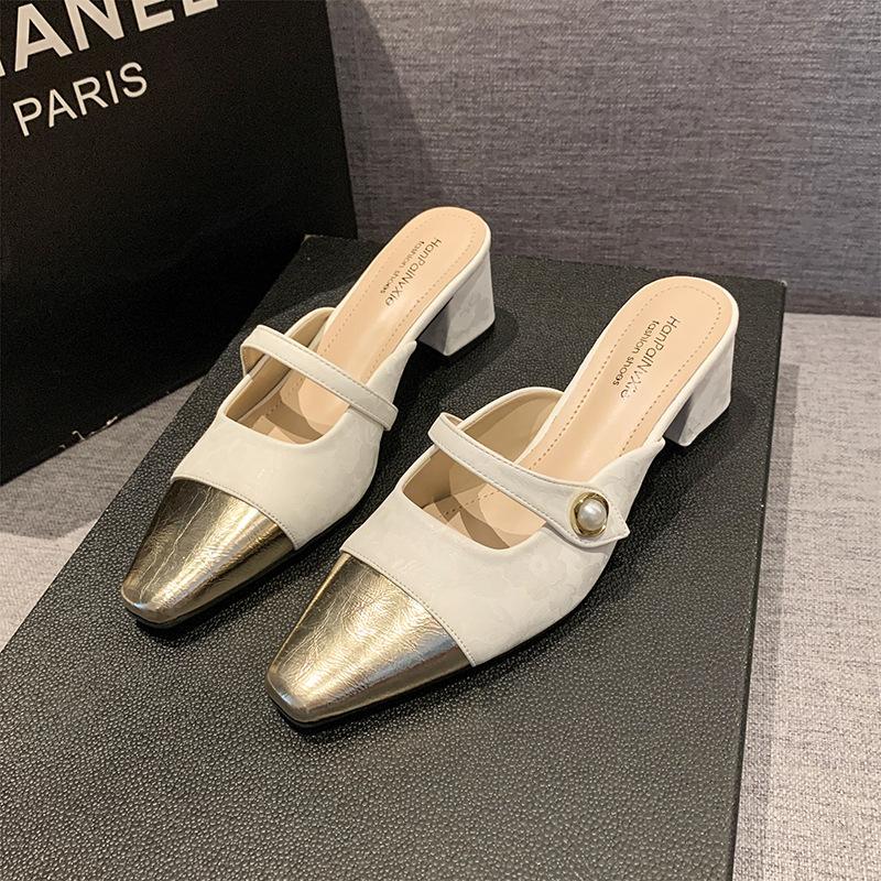 Spitze Zehenpartie Taschenkopf Französische Halbschuhe draußen Damenschuhe Frühling flach lässig Mary Jane Pedale Sandalen Tide