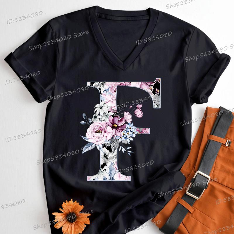Womens Clothing AZ 26 Alphabet Flower Vintage Design Tshirts Retro Birthday Gift for Women Floral Letters A B C D Classic Top