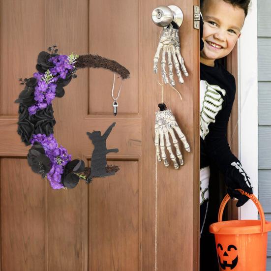 Halloween Moon Cat Wreath for Front Door Crescent Moon Wreath Sign with Artificial Rose Flowers for Gothic Home Decoration
