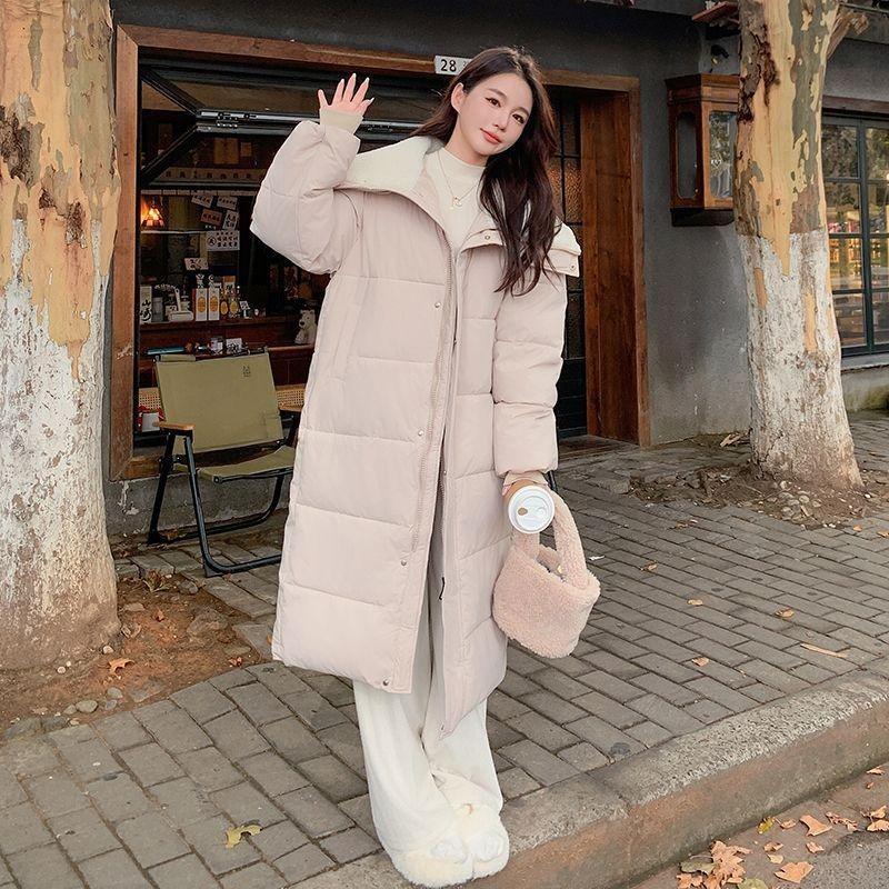 Winter Women Coat Long Length College Style Over Knee Big Collar Warm Lamb Wool Blend Jacket Trendy