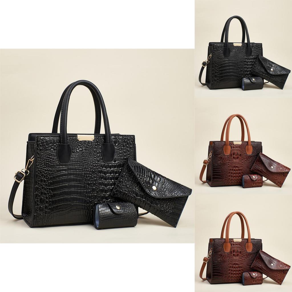 Fashion Solid Color Crocodile Texture Women Casual Shoulder Bag Three Piece Set For Daily Use And Office Commuting