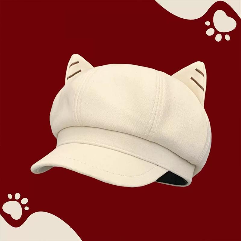 Japanese Style Cute Woolen Cat Ear Beret For Women Autumn And Winter Duckbill Octagonal Hat