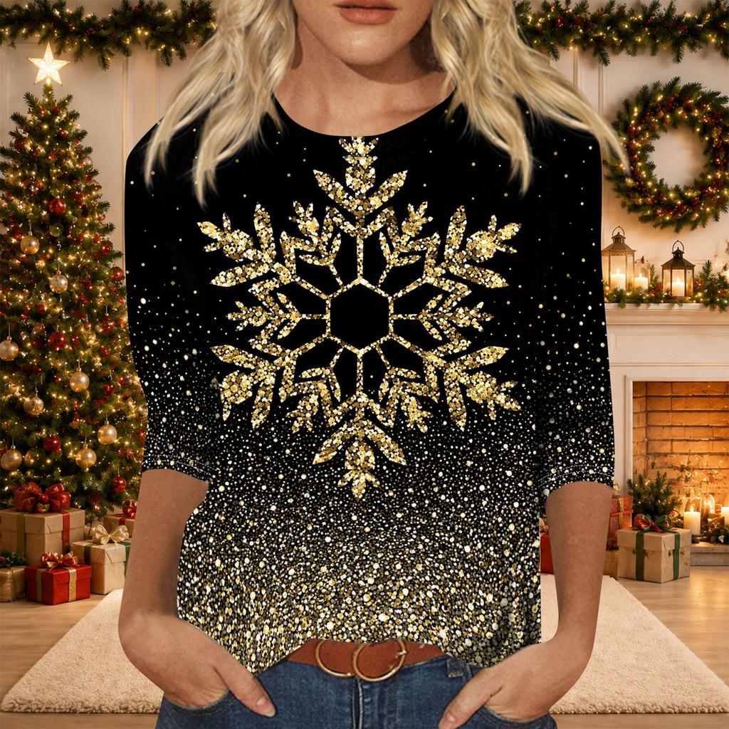 Women's Casual Christmas Print Three-Quarter Sleeve Neck Blouse