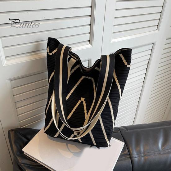 Women Shoulder Bag Wave Braided Texture Contrast Color Large Capacity Open Design Lightweight Portable Handbag for Daily Travel Commuting