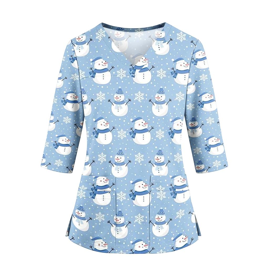 Women's Christmas Print Uniform V-Neck Scrub -Quarter Sleeve for Caregivers