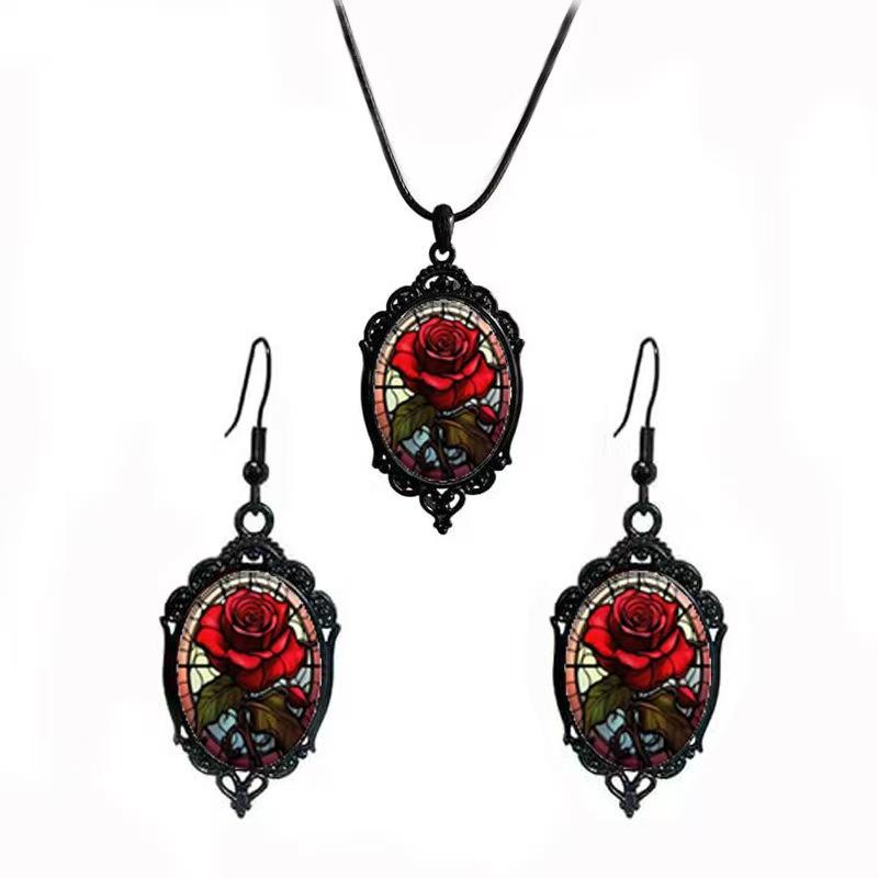 Flower Pattern Black Frame Glass Pendant Earrings, Necklace Set