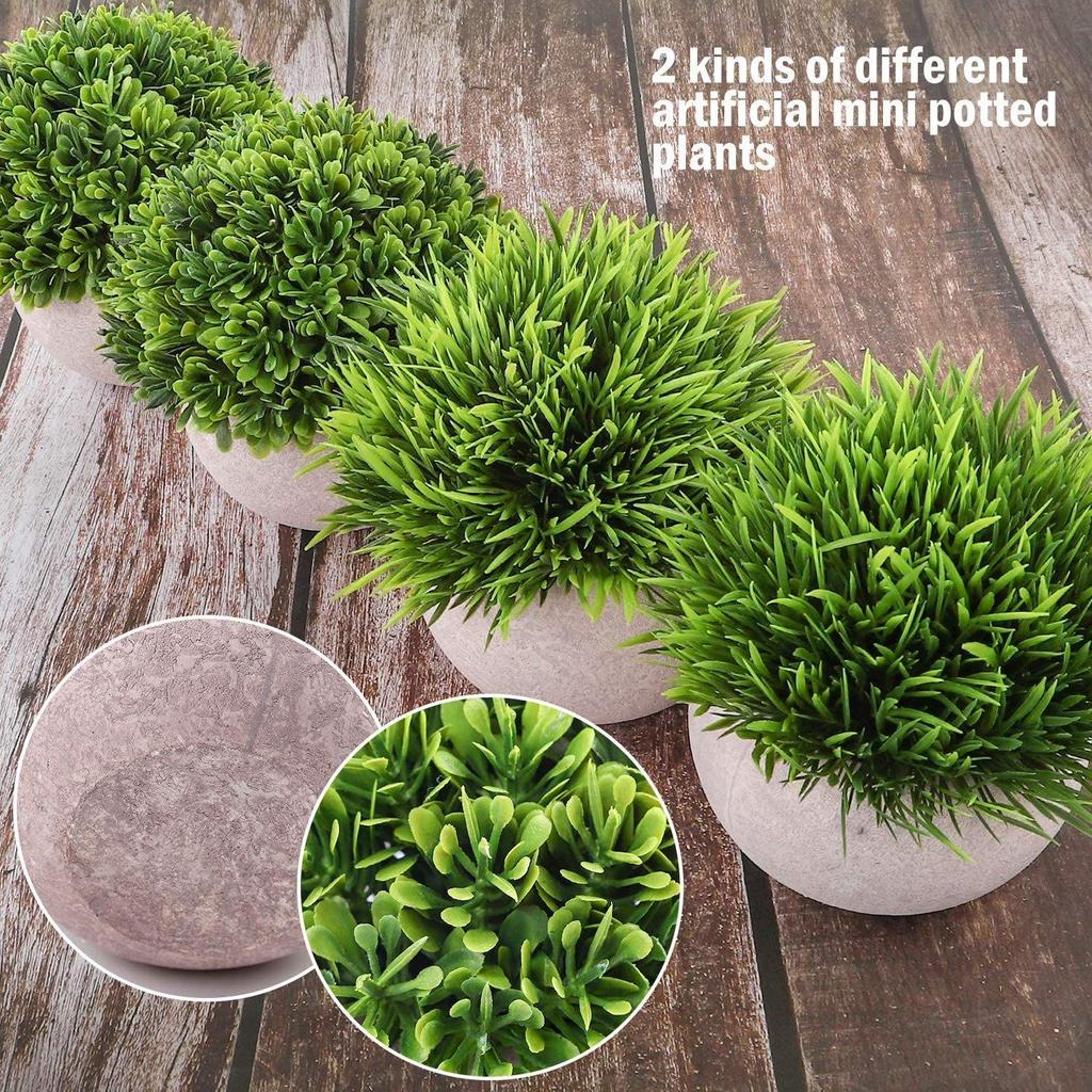 4 Packs Artificial Potted Bathroom Fake Shelf Plant Office Table Decor Mini Green Faux Topiary Kitchen Cabinet Farmhouse Decorations (4 Plastic Pots)