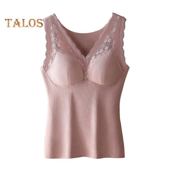 Winter Women Thermal Vest with Chest Pads Seamless Lace Fast Temperature Lock V Neck Slim Fit Elastic Sleeveless Inner Wear Bottoming Tank Top