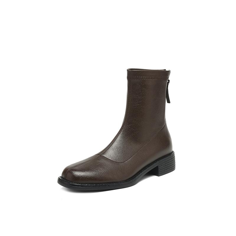 Fashion Women's New Leather Round Toe Autumn and Winter Mid Heel and Calf Back Zipper Retro Comfortable Elastic Short Boots