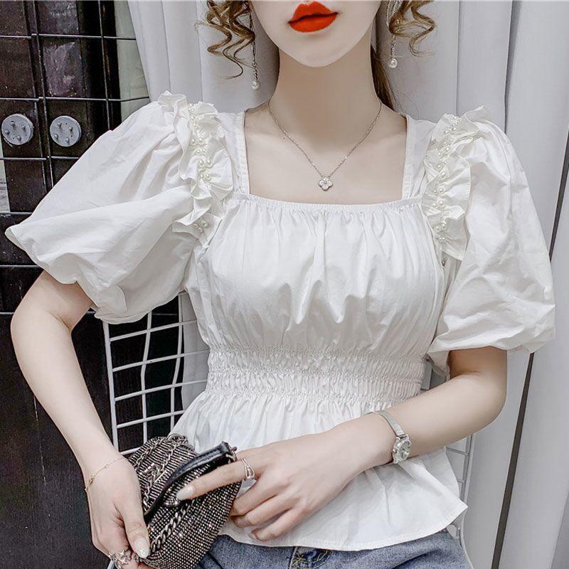 Summer New French Tighten the Waist Fashion Short Sleeve T-shirt Women Solid Square Neck Pearl Folds Chiffon Bubble Sleeve Tops