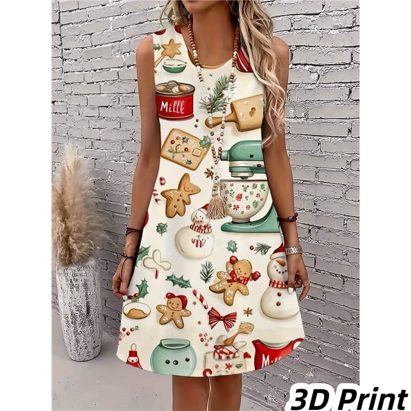 Casual Women Tank Dress Summer Sleeveless O-Neck 3D Print Loose A-Line Dress Beach Vest Dress