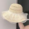 Breathable Straw Weaving Beach Hat Portable Big Brimmed Woven Cap Khaki Lace Pearls Sun Cap  Summer