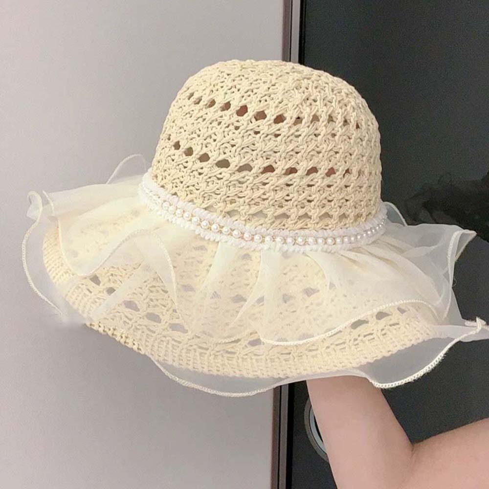 Breathable Straw Weaving Beach Hat Portable Big Brimmed Woven Cap Khaki Lace Pearls Sun Cap  Summer