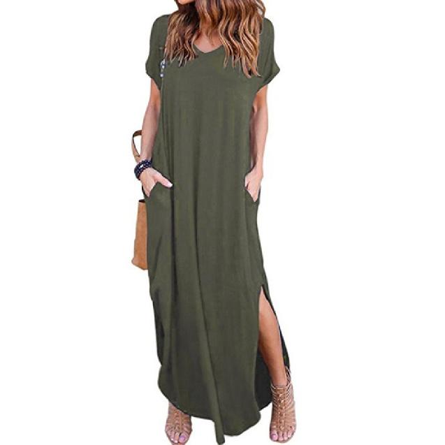 Summer New Women's Solid Color V-Neck Loose Casual Pocket Slit Dress