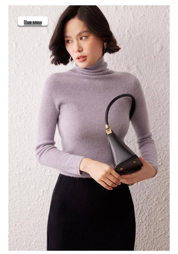 Women's High Neck Cashmere Sweater: Slim Fit Long Sleeve, Stacked Collar Knit for Autumn/Winter
