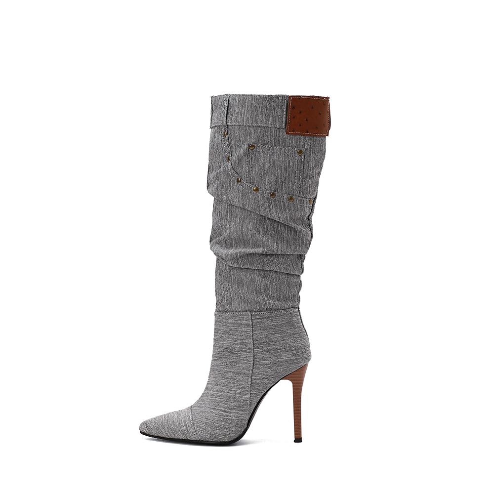 Grey Blue Women Knee High Boots High Stiletto Heel Big Size 50
