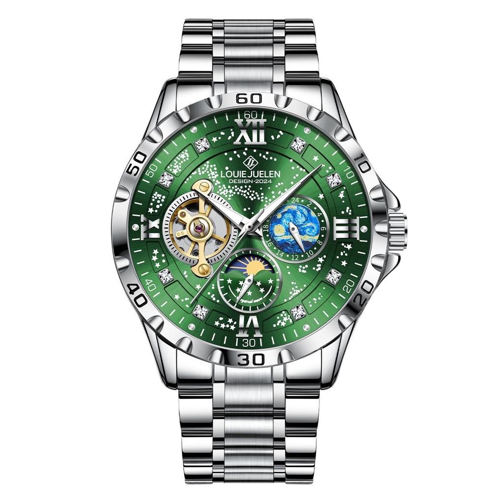 Luxury Automatic Mechanical Men Watch Fashion Moon Phase Business Watches Hollow Tourbillon Stainless Steel Men Wristwatch