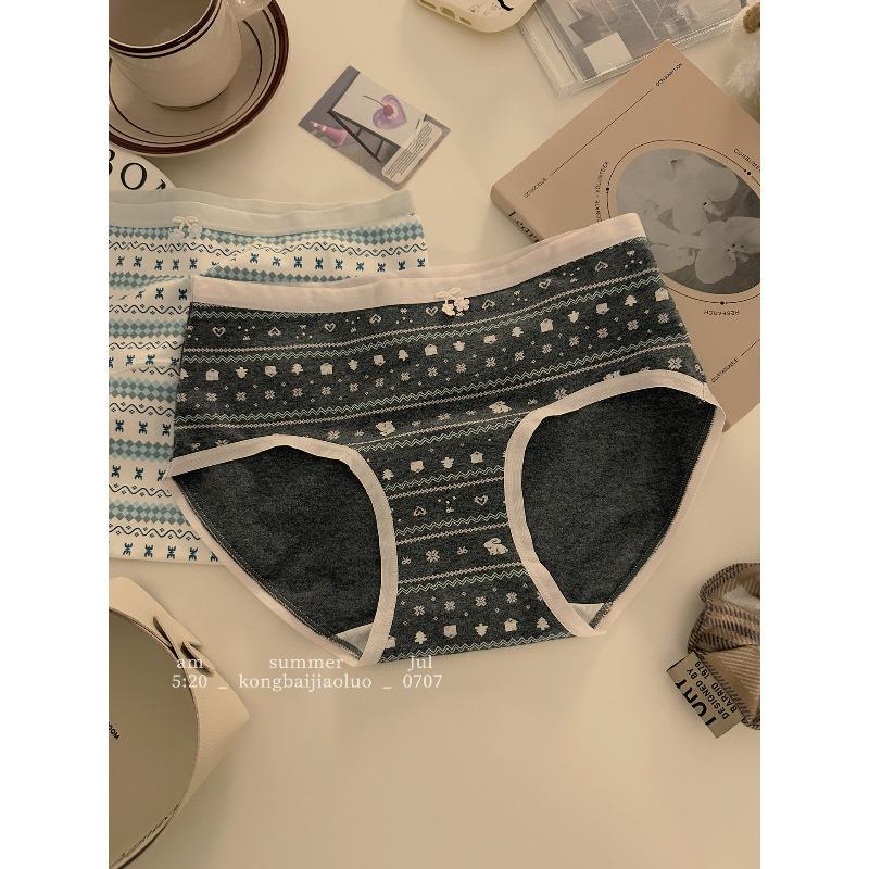 Female Summer Printed Cotton Extended Crotch No Trace Breathable Middle Waist Triangle Briefs