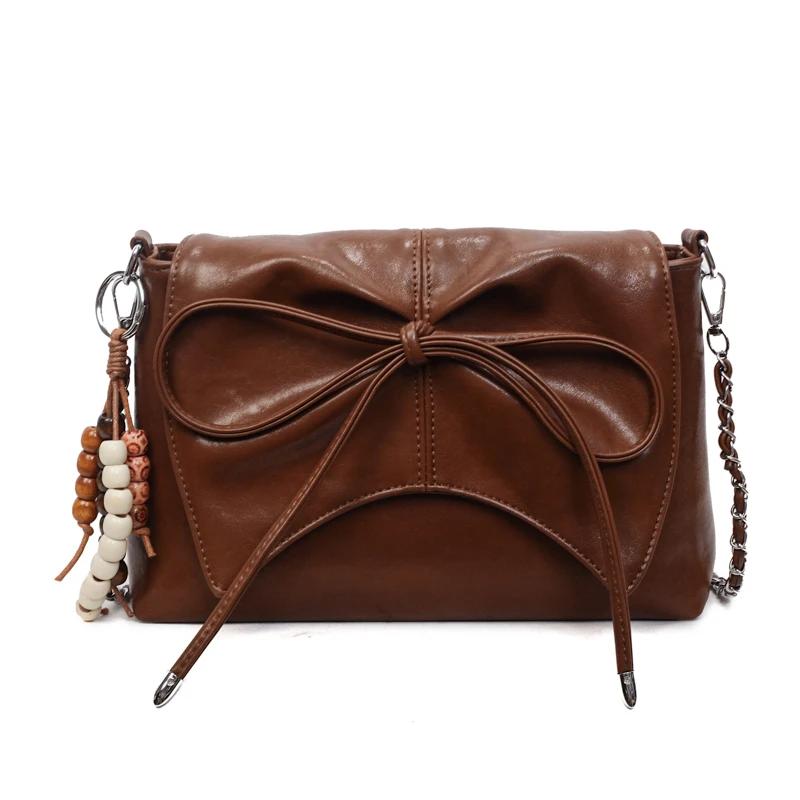 New Solid Color PU Bow Decorati Shoulder Bags  Sweet Small Square Bags  Sale Exquisite Youth Women's Crossbody Bags