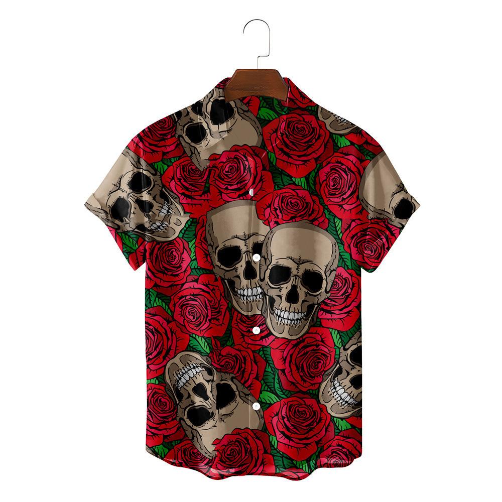 Kurzarm Hawaiihemd 1D-Druck Rosen- und Totenkopfmuster bequemes trendiges Oberteil