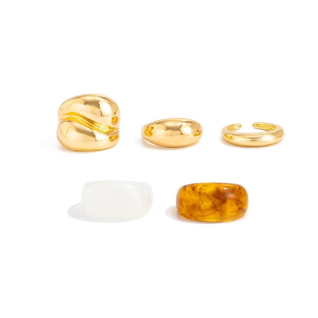 Salircon 5 Pcs/set Trendy Resin Acrylic Rings Women Punk Geometry Chunky Gold Color Metal Open Finger Ring Jewelry Accessories