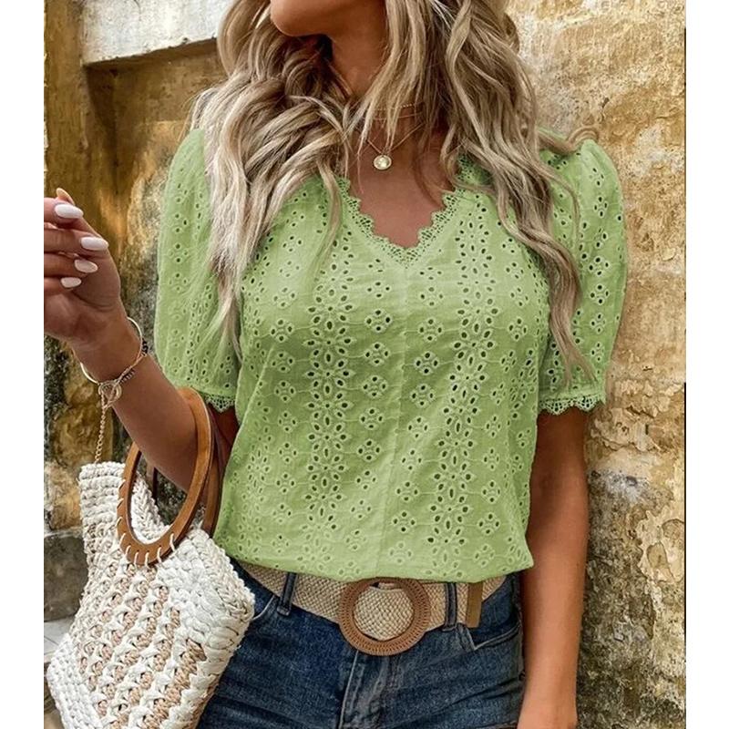 

Vintage Fashion Solid Color Blouse, Stitching Lace Petal Edge Decoration shirts, Elegant Women s Clothing S зелёный