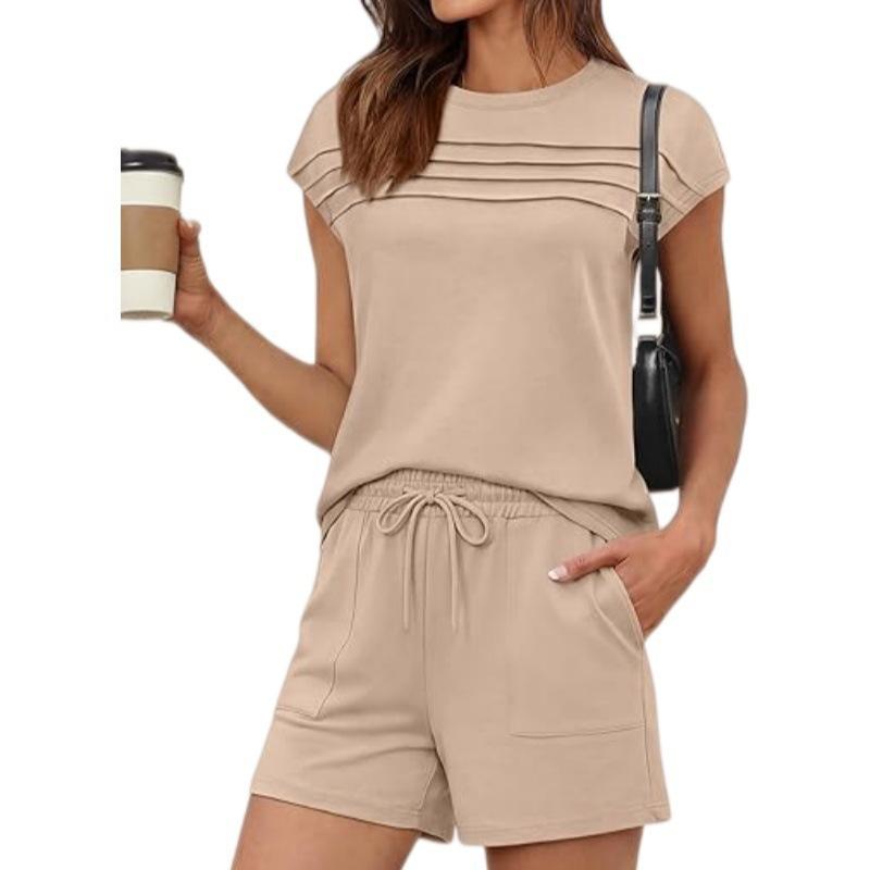 Women's Round Neck Short Sleeve Loose Fit Pleated Solid Color 2 Piece Loungewear Set Drawstring Waist Casual Shorts Daily Sleepwear Outfit
