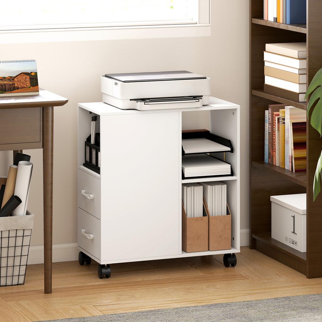 Printer Stand, Rolling Storage Unit, Drawers, Adjustable Shelf, Open Compartment, White