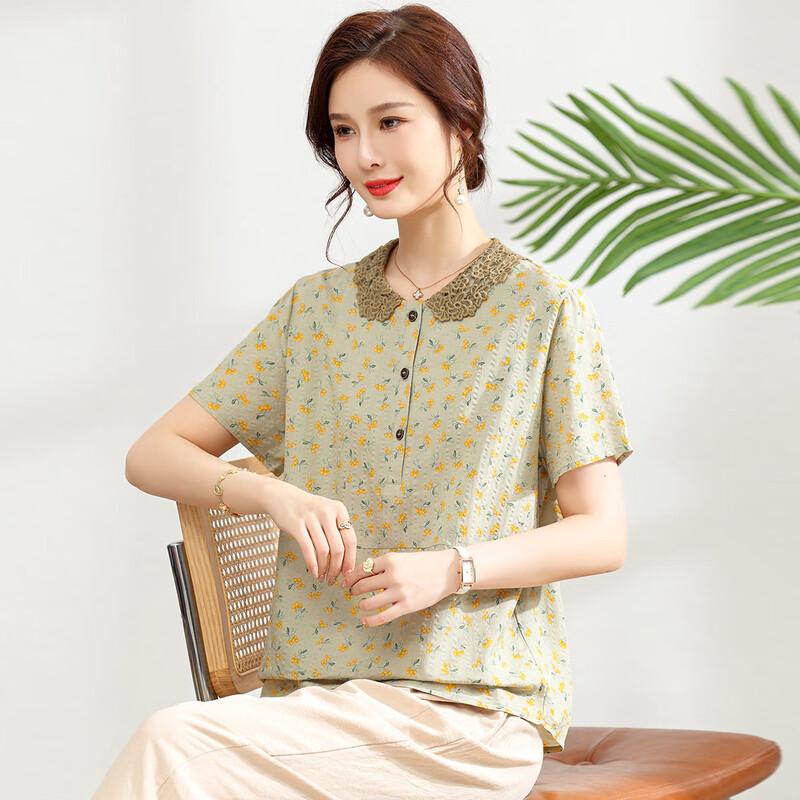 

Мамина летняя футболка с цветочным принтом, кукольным воротничком и короткими рукавами 4XL