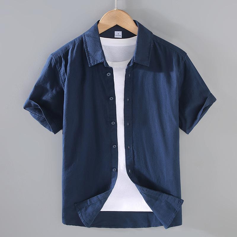 Men's Light Blue Linen Cotton Short Sleeve Shirt Casual Button Down Top