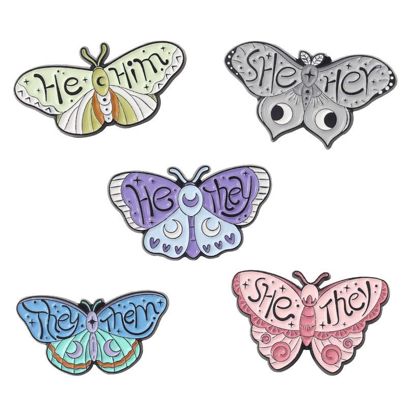 Unique Colorful Butterfly Shape Metal Badge Brooch Gender Pronoun Pin For Accessories