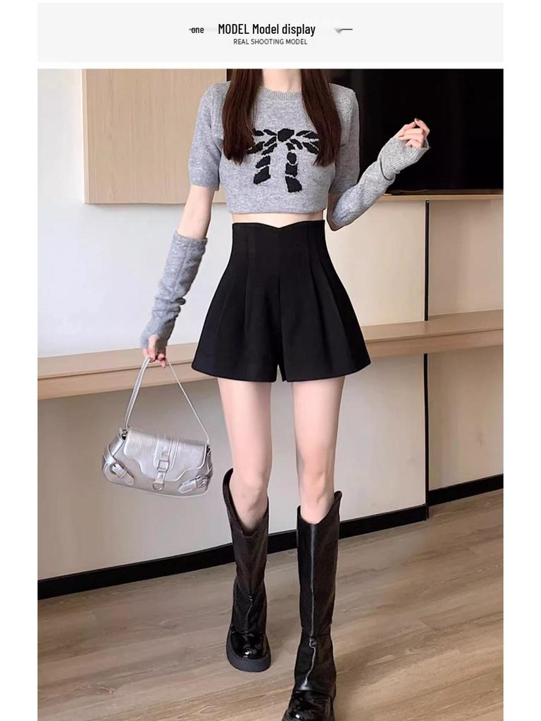 2024 Autumn/Winter High Waist Women's Woolen A-line Shorts - Slimming Wide Leg Booty Style