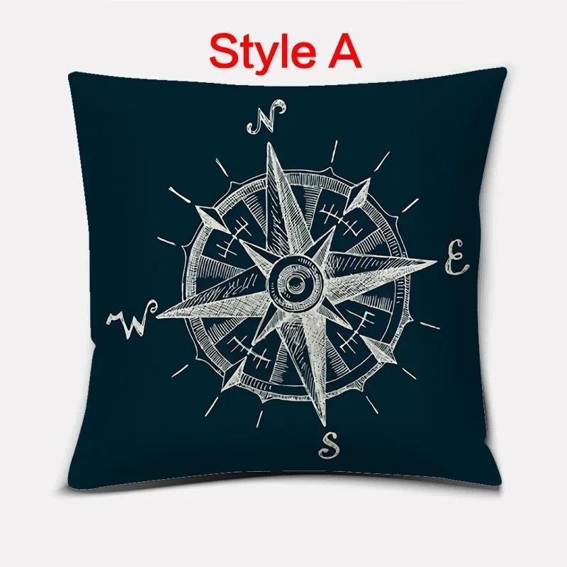 Nautical Compass Linen Pillowcase 45x45cm Mediterranean Style Sofa Cushion Cover for Home Decor