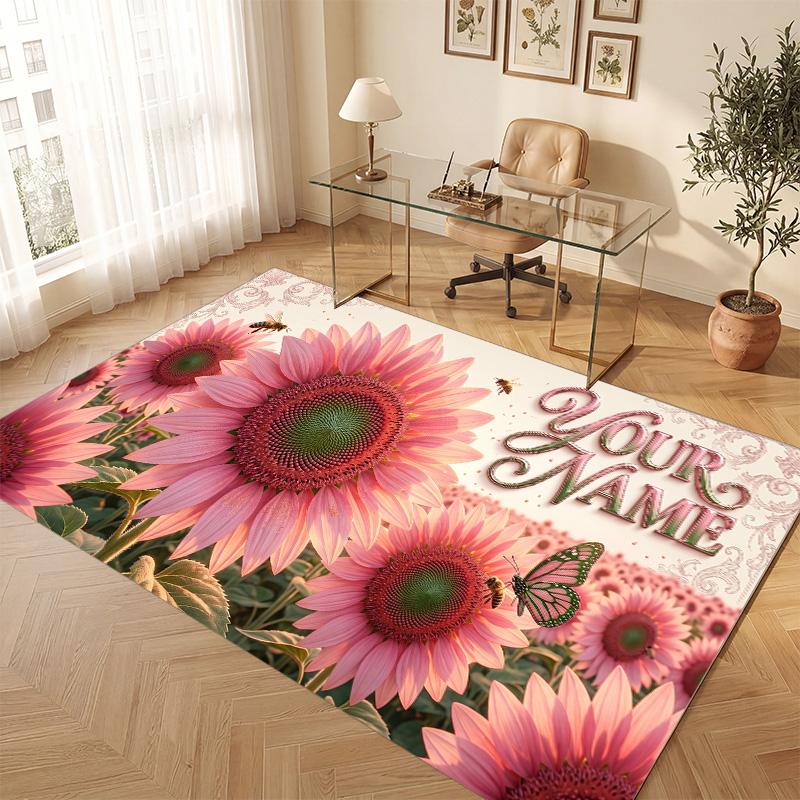 Floral Garden Theme Soft Crystal Velvet Rug Custom Name & Text Print Non Slip Floor Rug for Bedroom Living Room