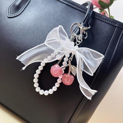 1/2Pcs  Pearl Cherry Lace Keychain Chain Bag Charm Braided Rope Fashionable Keychains For Backpack Pendant Accessories