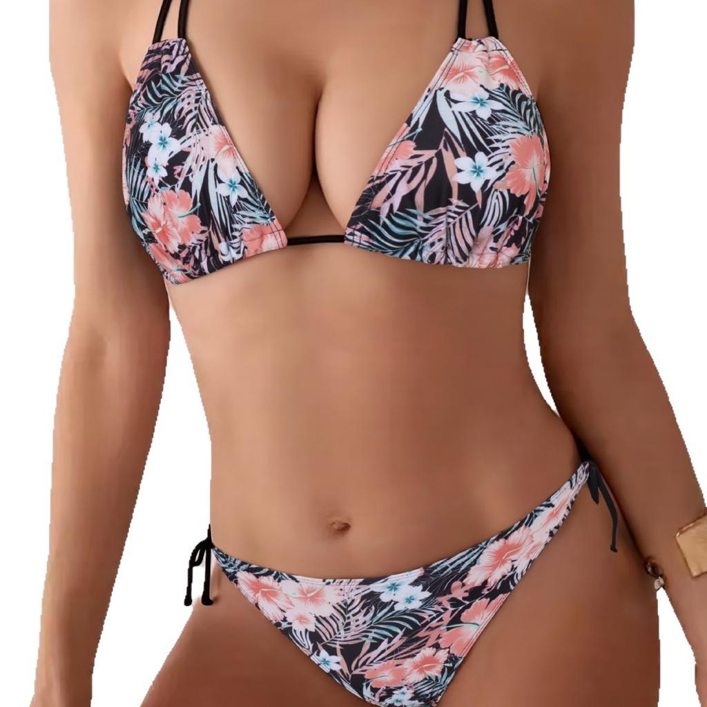 European and American Tropical Flower Print Triangle Cup Bikini Sexy Strap Split Swimsuit for Beach Vacation