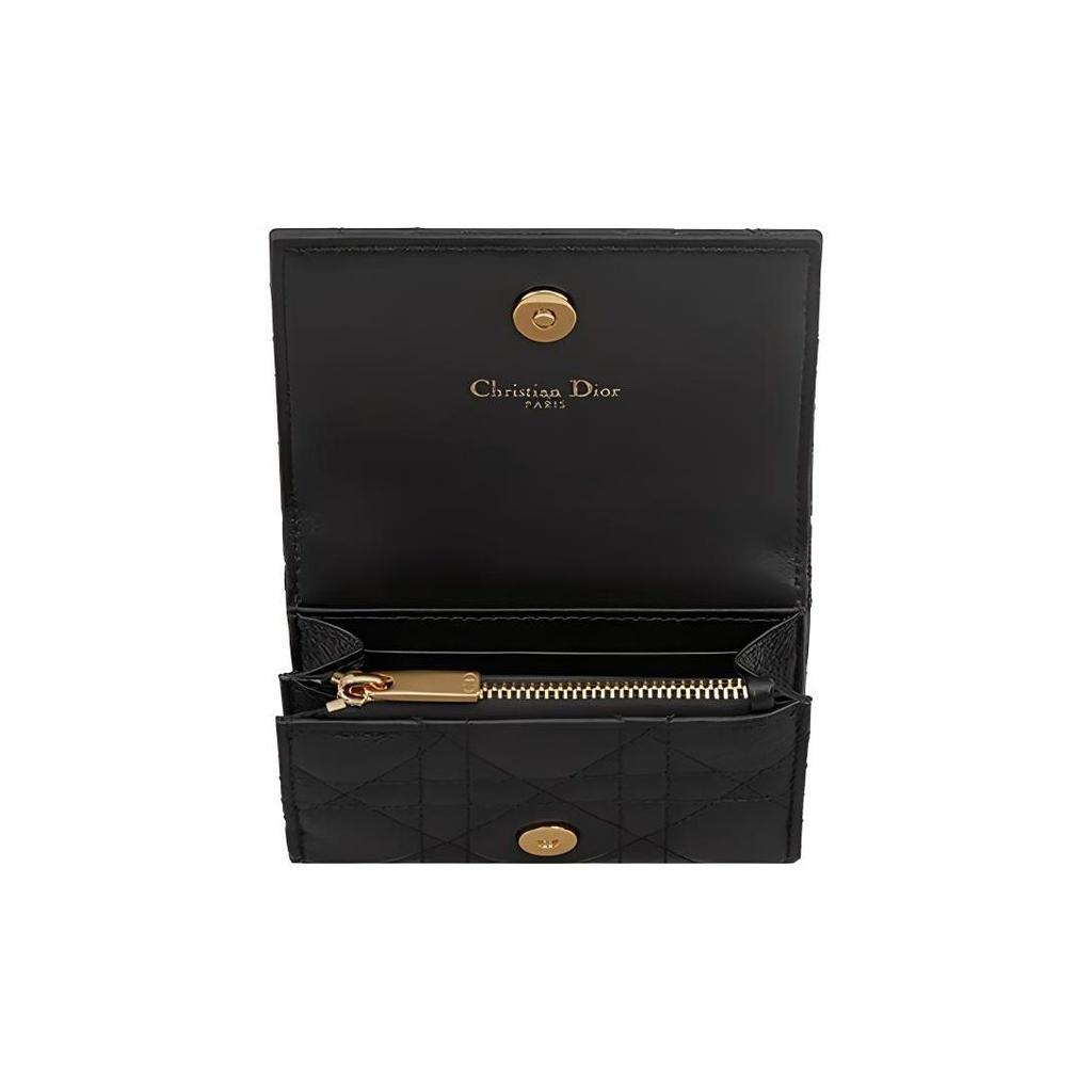 DIOR Caro Cannage Pattern Portable Soft Calfskin Card Holder Wallet Mini Women's Black