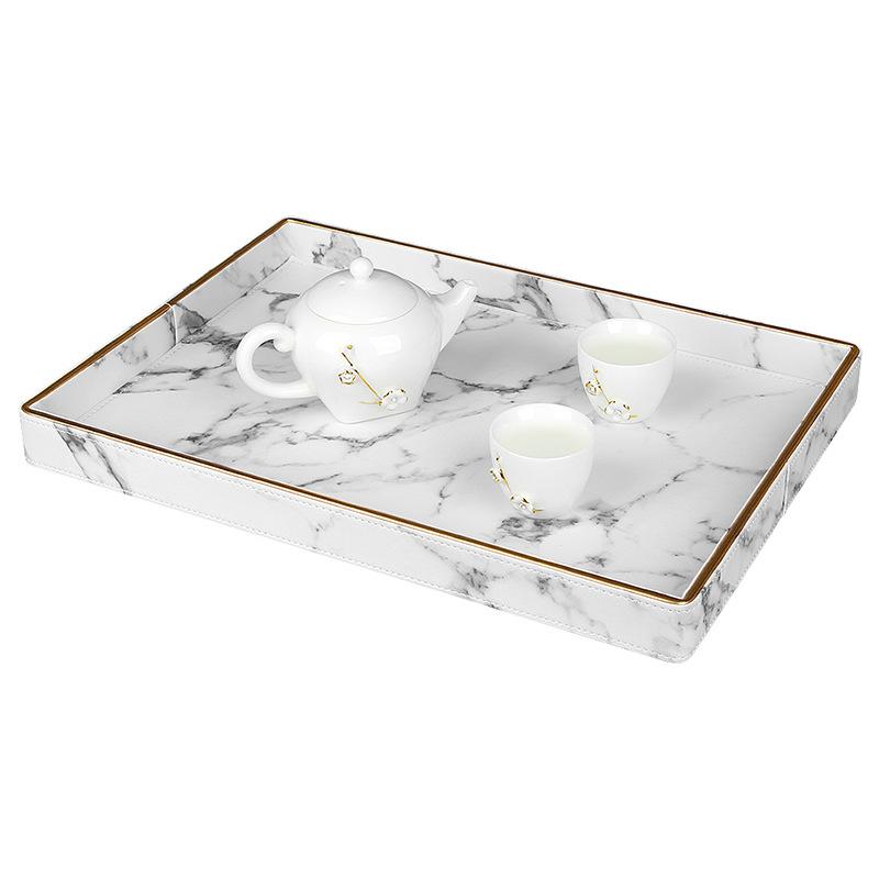 

Large Gold Rim Serving Tray Marble Leather Tea Cup Sets Tray Kitchen Storage Box Fruit Food Cup Holder Tray Home Decoration