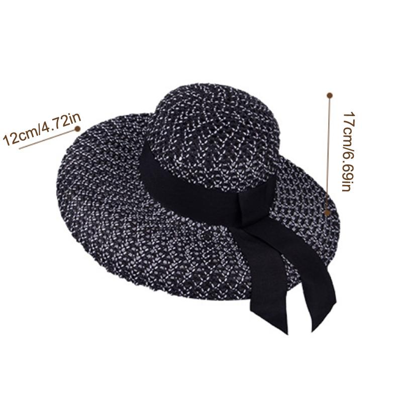 1Pc Big-Eared Hat For Women Black Bow Tie Side Shade All-In-One Beach Hat For Outdoor Beach Vacation  And Elegance