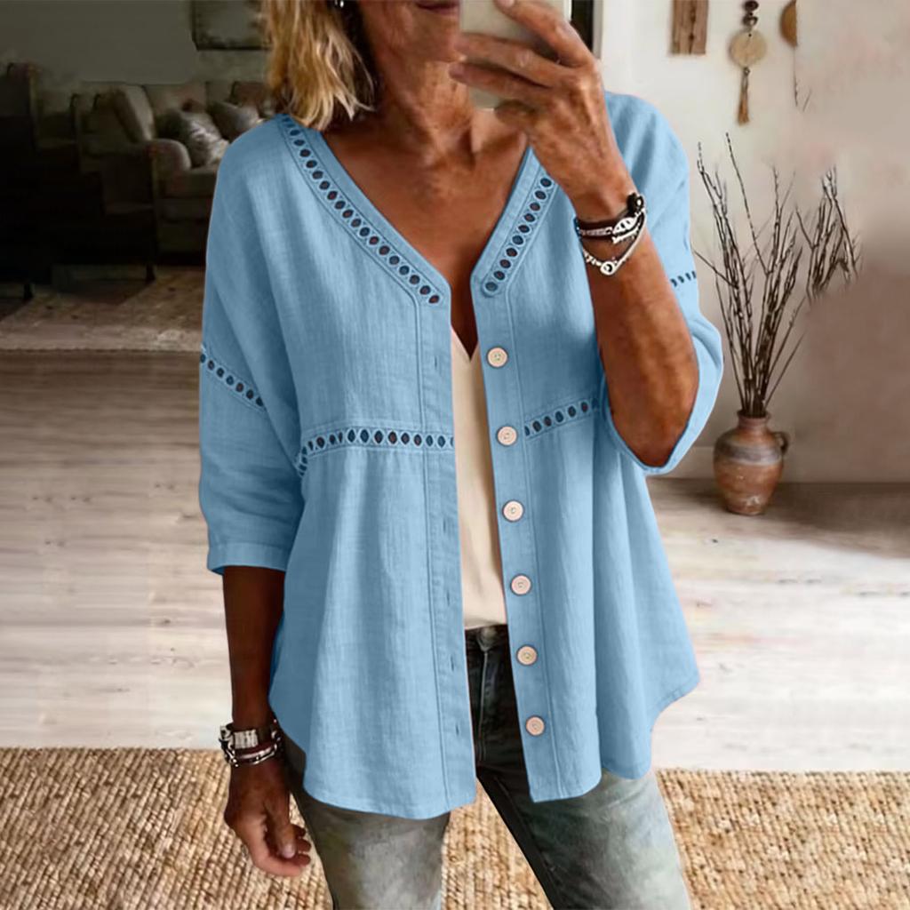 Damen Button-Down Leinenhemden 3/4 Ärmel V-Ausschnitt Lochstickerei Blusen Lässige Baumwolle Hohlstrick Boho Tops